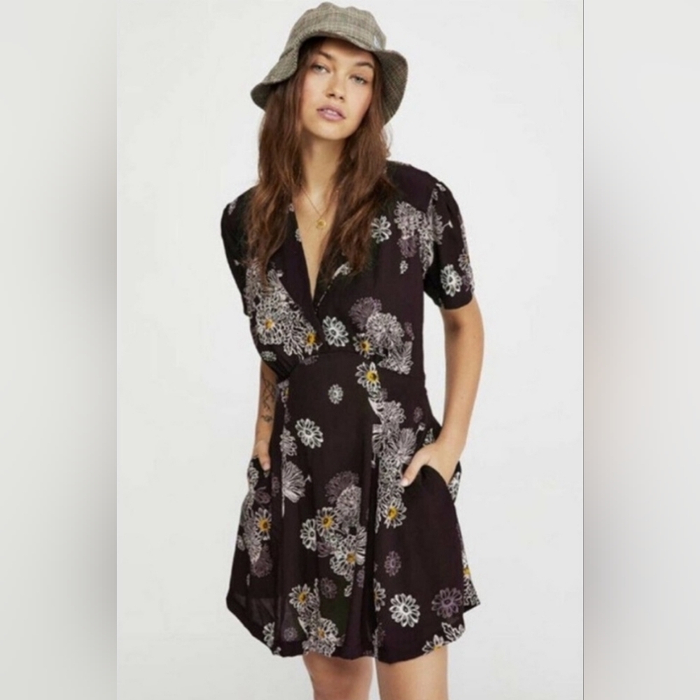 Free People Blue Hawaii Mini Dress Black Purple Yellow Floral Size Small